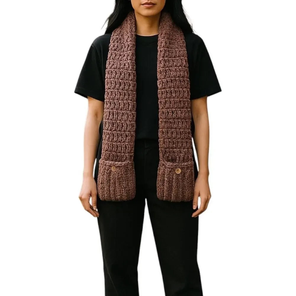 Hand Knit Grandma Wool Blend Soft Chunky Mauve Long Scarf w Pockets Boho Cozy
